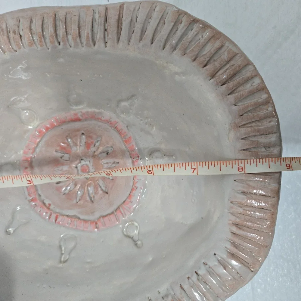 Handmade Studio Pottery Square Platter Bowl Pink Sunburst Flower 9